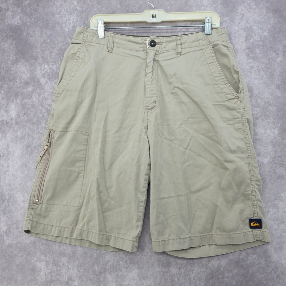 Vintage Quiksilver Mens Khaki Cargo Shorts Size 33 Cotton Twill Tan Y2K Utility